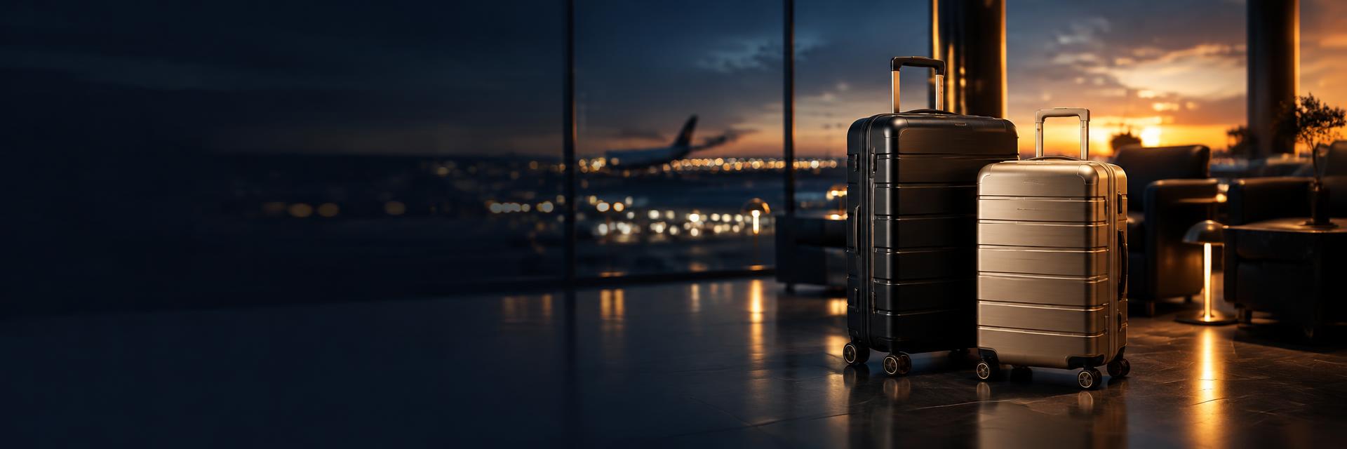 Maletas premium en una sala VIP de aeropuerto al atardecer