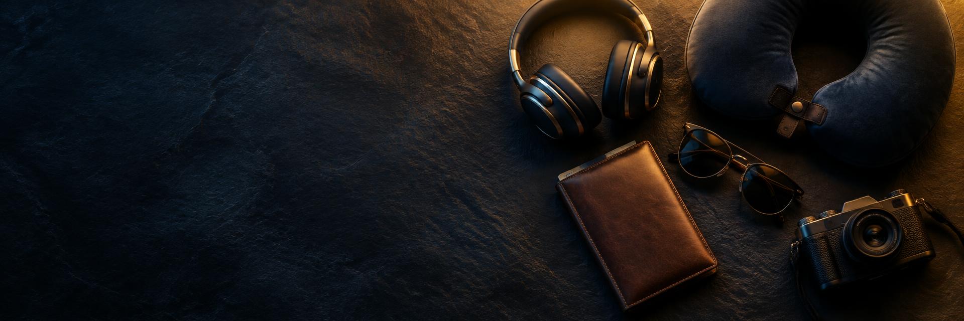Accesorios de viaje: audífonos, pasaporte y cámara sobre fondo oscuro